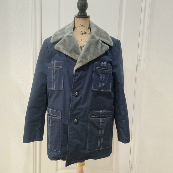 Vintage Montgomery Wards 70s Storm Proof Faux fur Jacket, Navy, Men's 44 - Picture 9 of 9